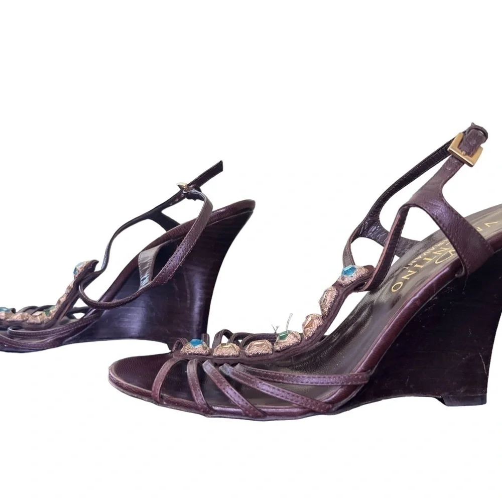 Valentino Garavani Brown Leather Embellished Wedges